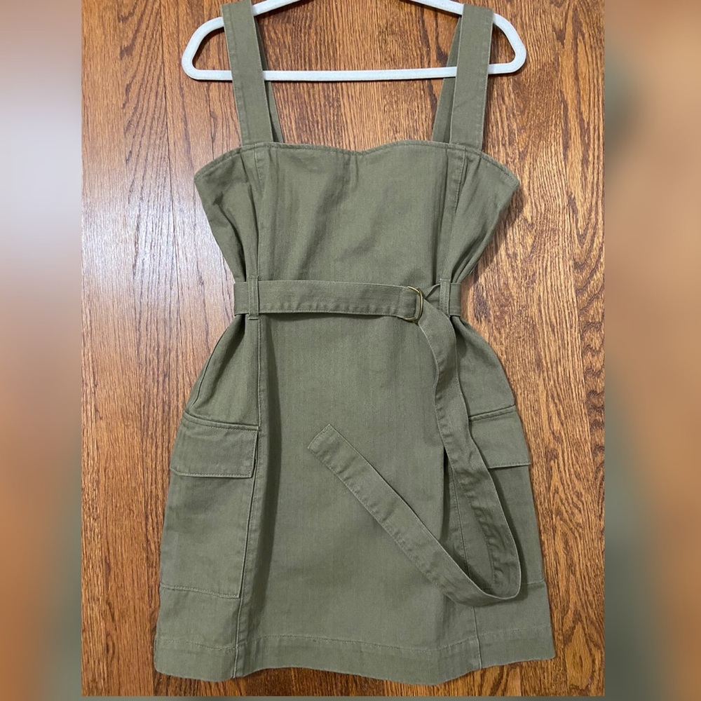 Light olive green woven belted mini dress.